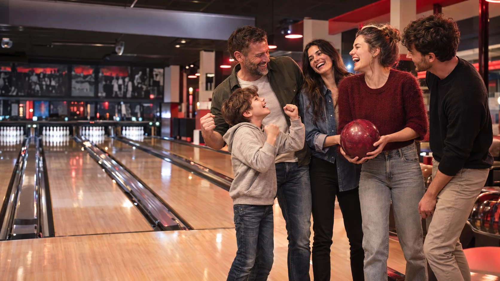 Famiglia e amici si divertono al bowling — immagine illustrativa
