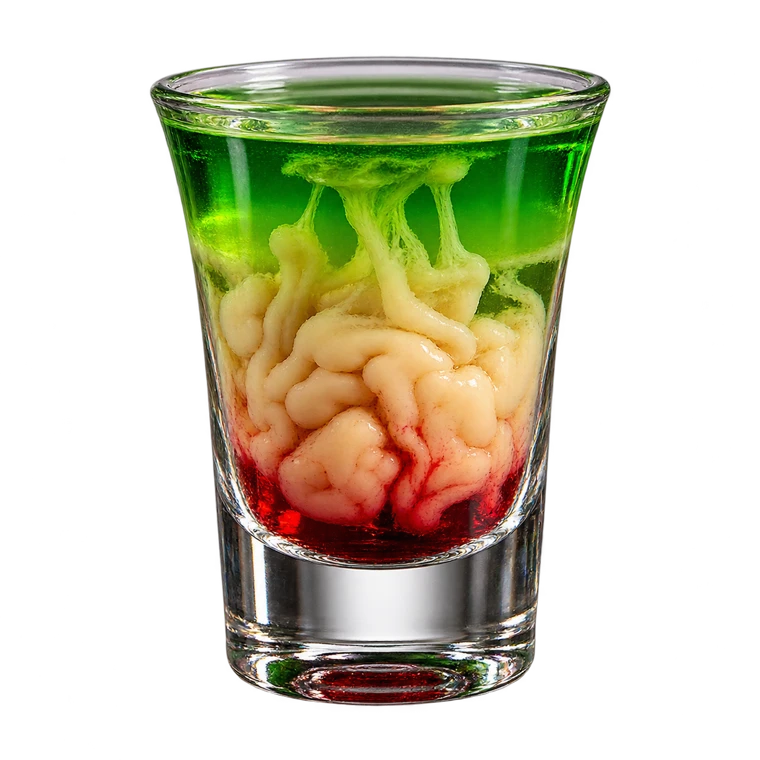 Il nostro Cervello di Zombie: shot verde con effetto cervello e granatina rosso sangue