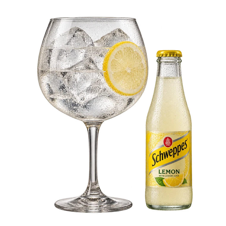 Gin Lemon con ghiaccio e bottiglietta di vetro Schweppes Lemon a parte