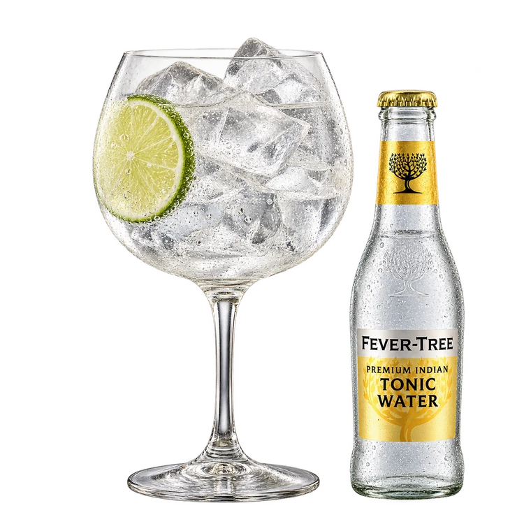 Gin Tonic con ghiaccio e bottiglietta di vetro Fever-Tree a parte