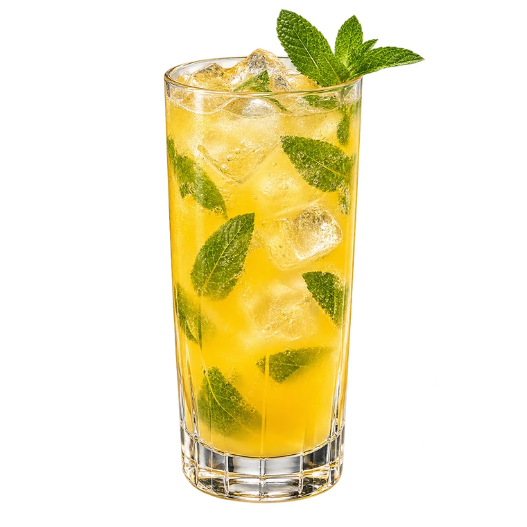 Manghito giallo mango con ghiaccio e foglie di menta fresca in un bicchiere alto