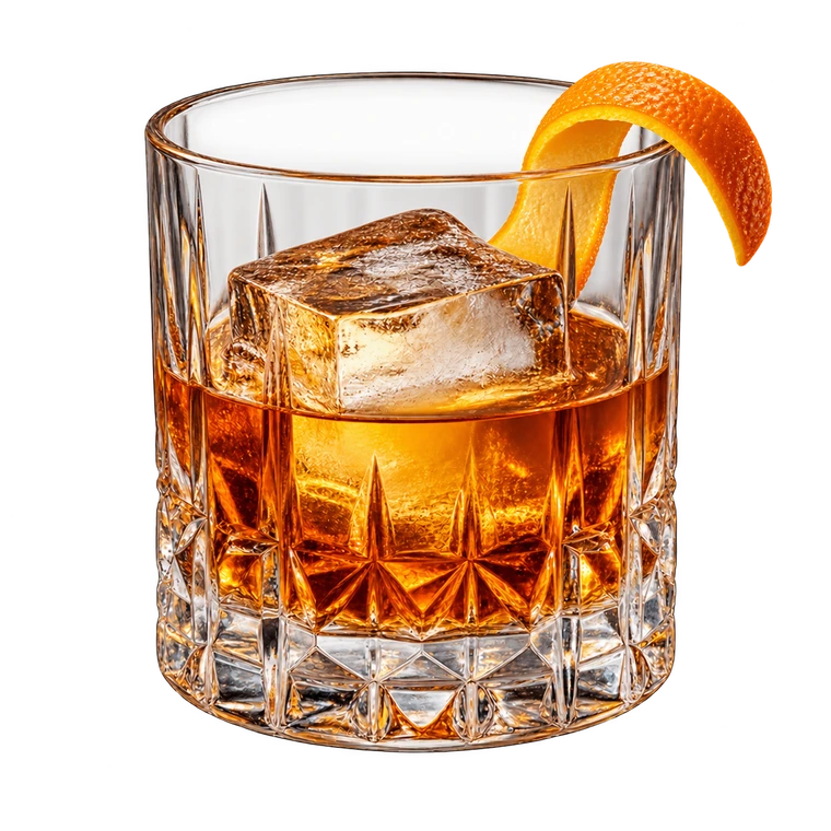 Old Fashioned ambrato in un tumbler basso di cristallo con un grande cubo di ghiaccio e una scorza d’arancia