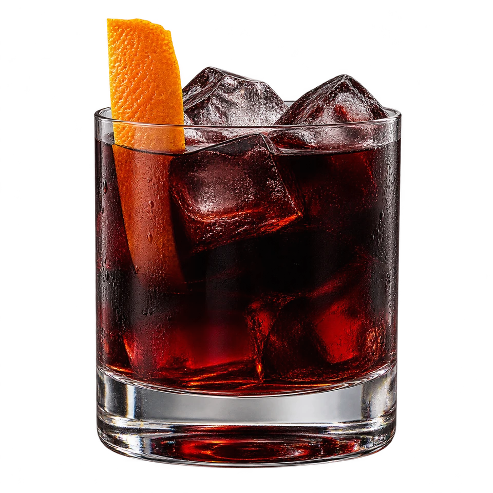 Scream: cocktail scuro con ghiaccio, riflessi rubino e scorza d’arancia