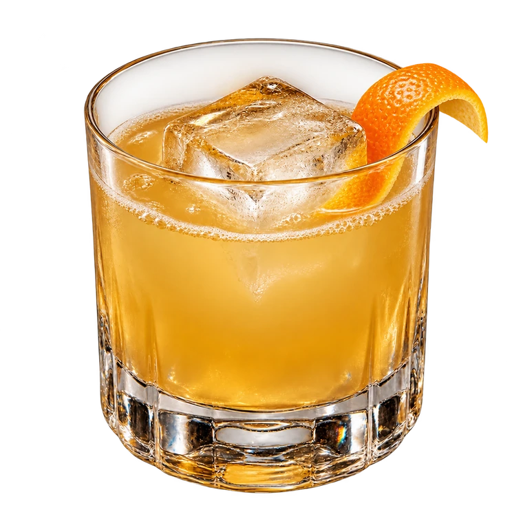 Whiskey Sour dorato e leggermente velato con ghiaccio e una scorza d’arancia, senza schiuma di albume